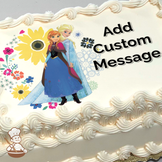 Anna and Elsa standing together with a floral background, printed on a sheet cake.