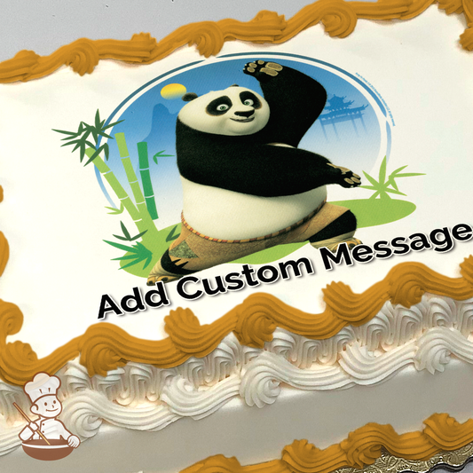 Po the Panda in a dynamic kung fu pose with bamboo and serene landscape background, printed on a sheet cake.