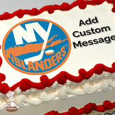 New York Islanders hockey team logo with a hockey stick and puck on a blue and orange background, printed on a sheet cake.