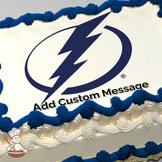 A blue and white lightning bolt symbol on a solid color background, printed on a sheet cake.