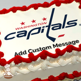 Washington Capitals hockey team logo with three red stars and team name on a white background, printed on a sheet cake.