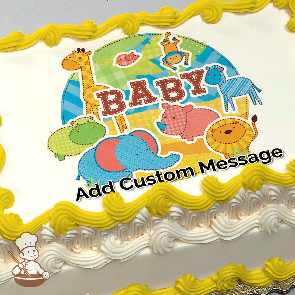 Illustration of a giraffe and elephant with other animal and the word "BABY" on a colorful patchwork background, printed on a sheet cake.