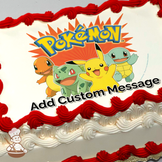 Illustration of Pokémon characters Pikachu, Charmander, and Squirtle with the Pokémon logo on a radiant background, printed on a sheet cake.