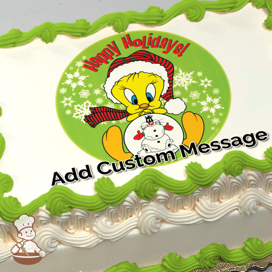 Tweety Bird in Santa hat hugging snowman on green festive background with snowflakes, printed on a holiday sheet cake.