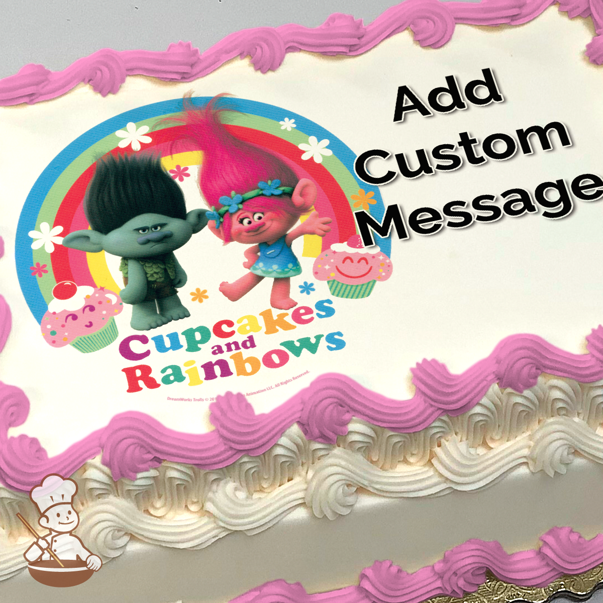 Illustration of Trolls characters Poppy and Branch with a rainbow, flowers, and cupcakes, printed on a sheet cake.