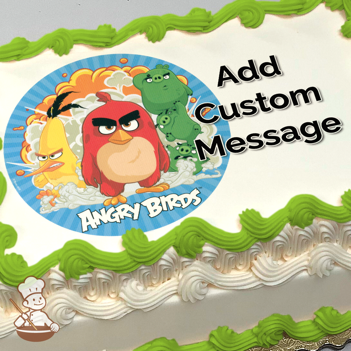 Illustration of Angry Birds characters Red, Chuck, and a green pig on a blue sky background with clouds, printed on a sheet cake.