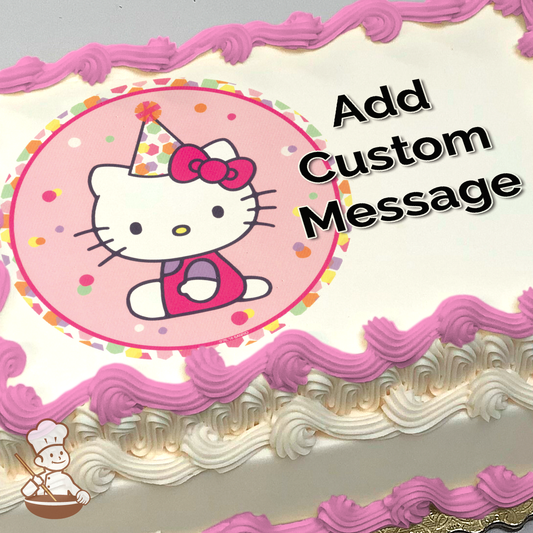 Hello Kitty in party hat sitting inside pink circle with colorful confetti, image printed on sheet cake.