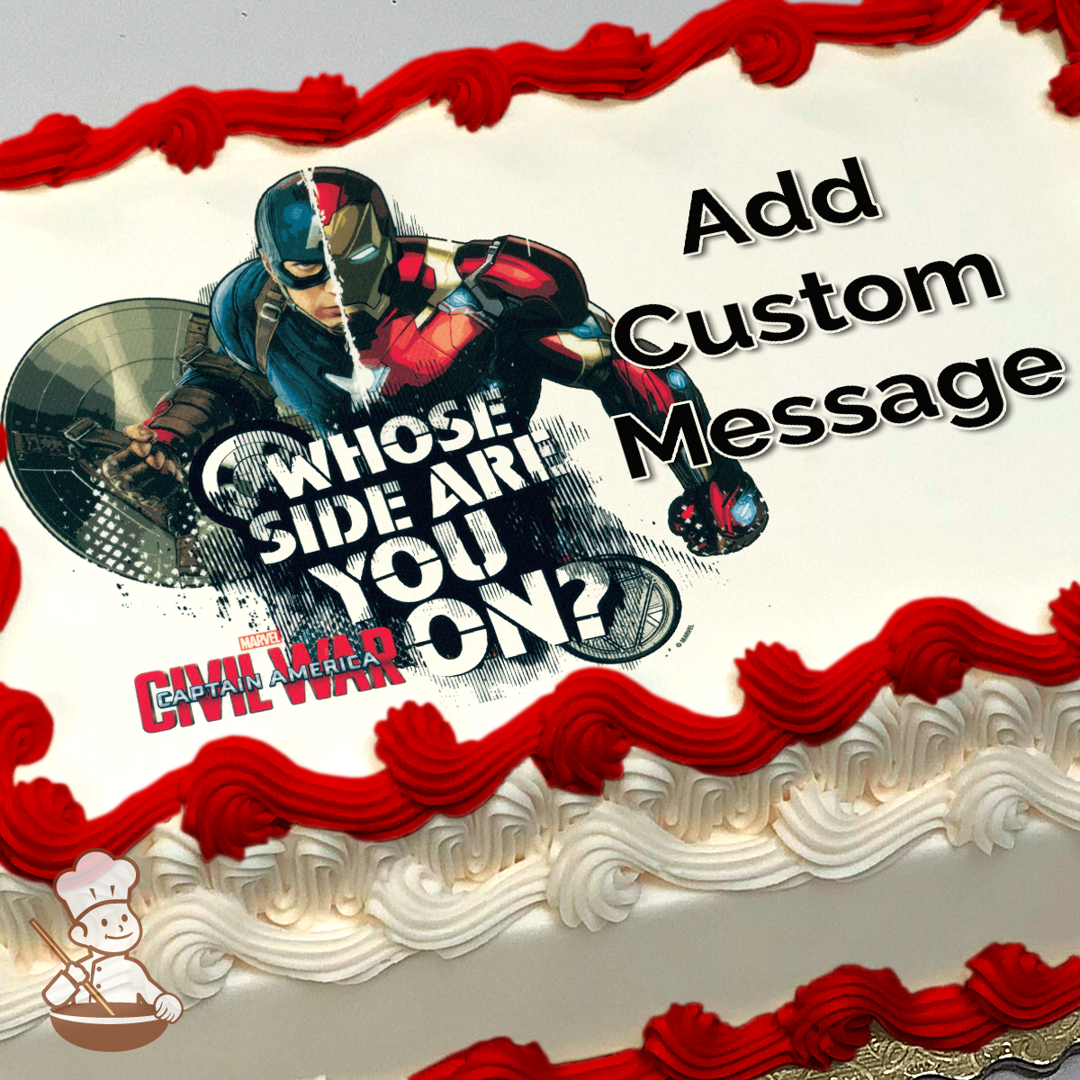 Captain America and Iron Man in action poses with "Whose Side Are You On?" text, superhero-themed cake print.