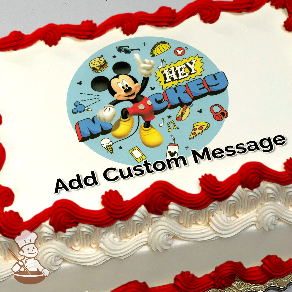 Mickey Mouse pointing up, surrounded by racing icons and "Hey Mickey" text on a blue background, printed on a sheet cake.