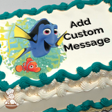 Dory and Nemo swimming with friends in a vibrant underwater scene on a photo sheet cake.