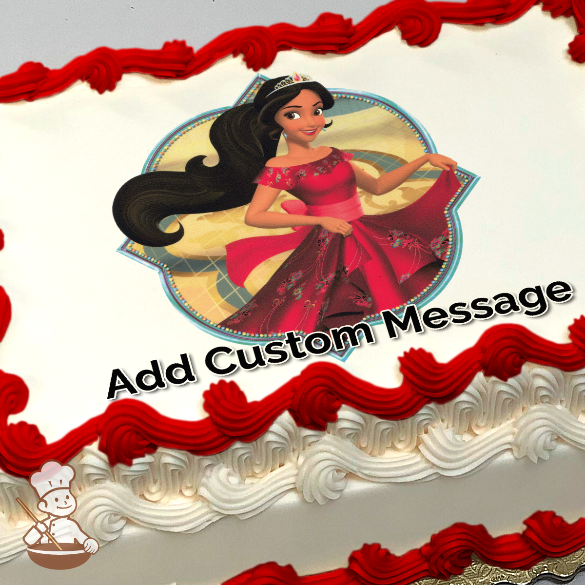 Princess Elena in a red dress on a decorative background, printed on a sheet cake.