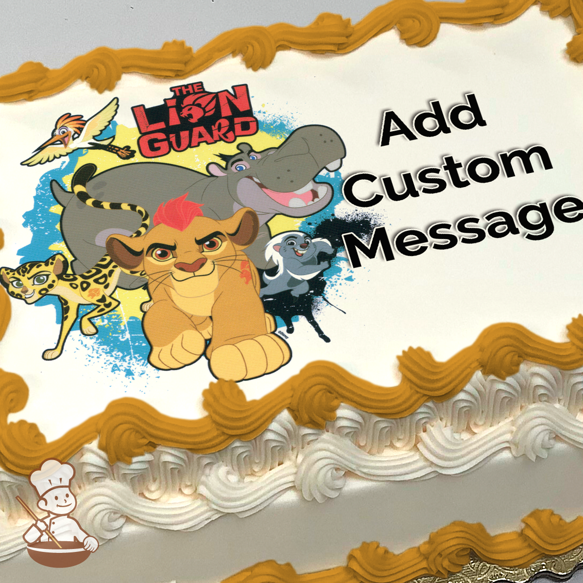 Illustration of "The Lion Guard" characters with Kion in front, surrounded by friends, on a colorful background, printed on a sheet cake.