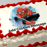 Spider-Man in action pose with web-slinging hand gesture, vibrant blue and red splatter background, on a sheet cake.