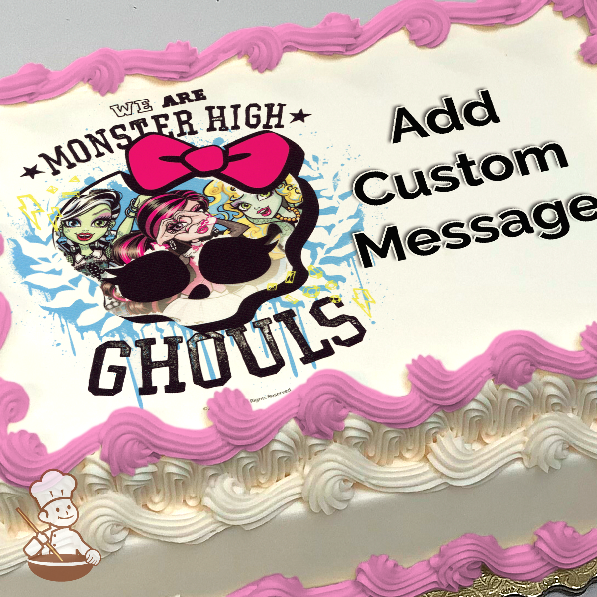 Illustration of Monster High characters Frankie Stein, Draculaura, and Lagoona Blue with stylish accessories, printed on a sheet cake.