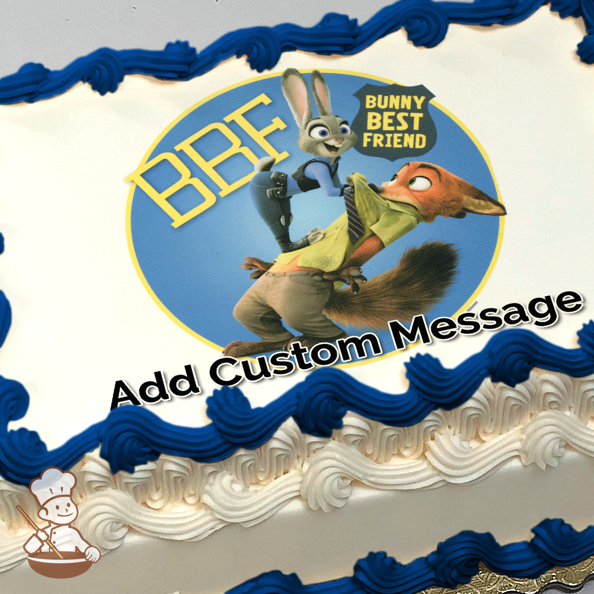 Illustration of Judy Hopps and Nick Wilde from Zootopia, against a blue and yellow emblem background, printed on a sheet cake.