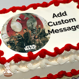 Illustration of Star Wars characters from Rogue One, including Jyn and Cassian, with the Rebel Alliance logo, printed on a sheet cake.