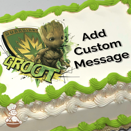 Groot from Guardians of the Galaxy with dynamic splash background, printed on a sheet cake.