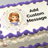 Illustration of Princess Sofia in a purple dress with a floral border, printed on a sheet cake.