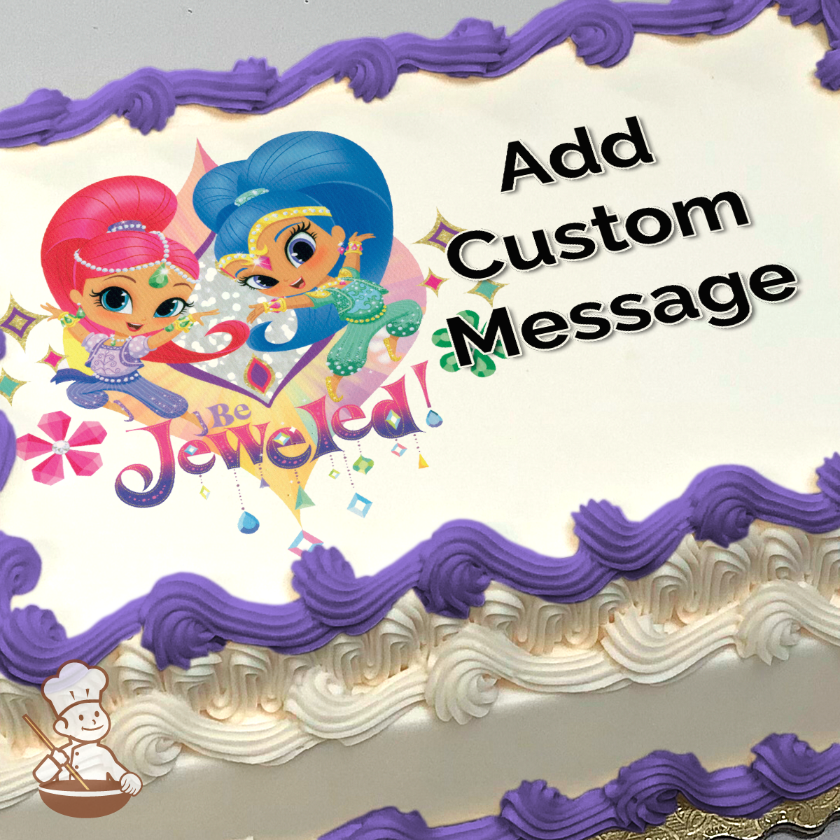 Illustration of Shimmer and Shine, two animated genies on a starburst background, printed on a sheet cake.