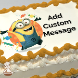 A Minion character with party hat and confetti on a festive background, printed on a sheet cake.