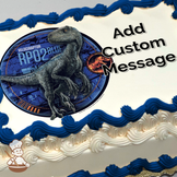 Velociraptor Blue stands prominently against a high-tech background with dinosaur silhouette, printed on a sheet cake.