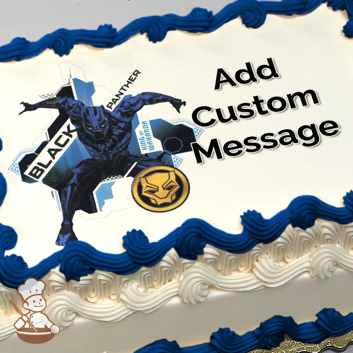 Black Panther in action pose with dynamic blue hexagonal patterns, superhero emblem on printed sheet cake.