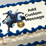 Black Panther in action pose with dynamic blue hexagonal patterns, superhero emblem on printed sheet cake.