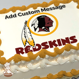 Illustration of a Native American man's profile inside a yellow circle with feathers and the word "Redskins" below, printed on a sheet cake.