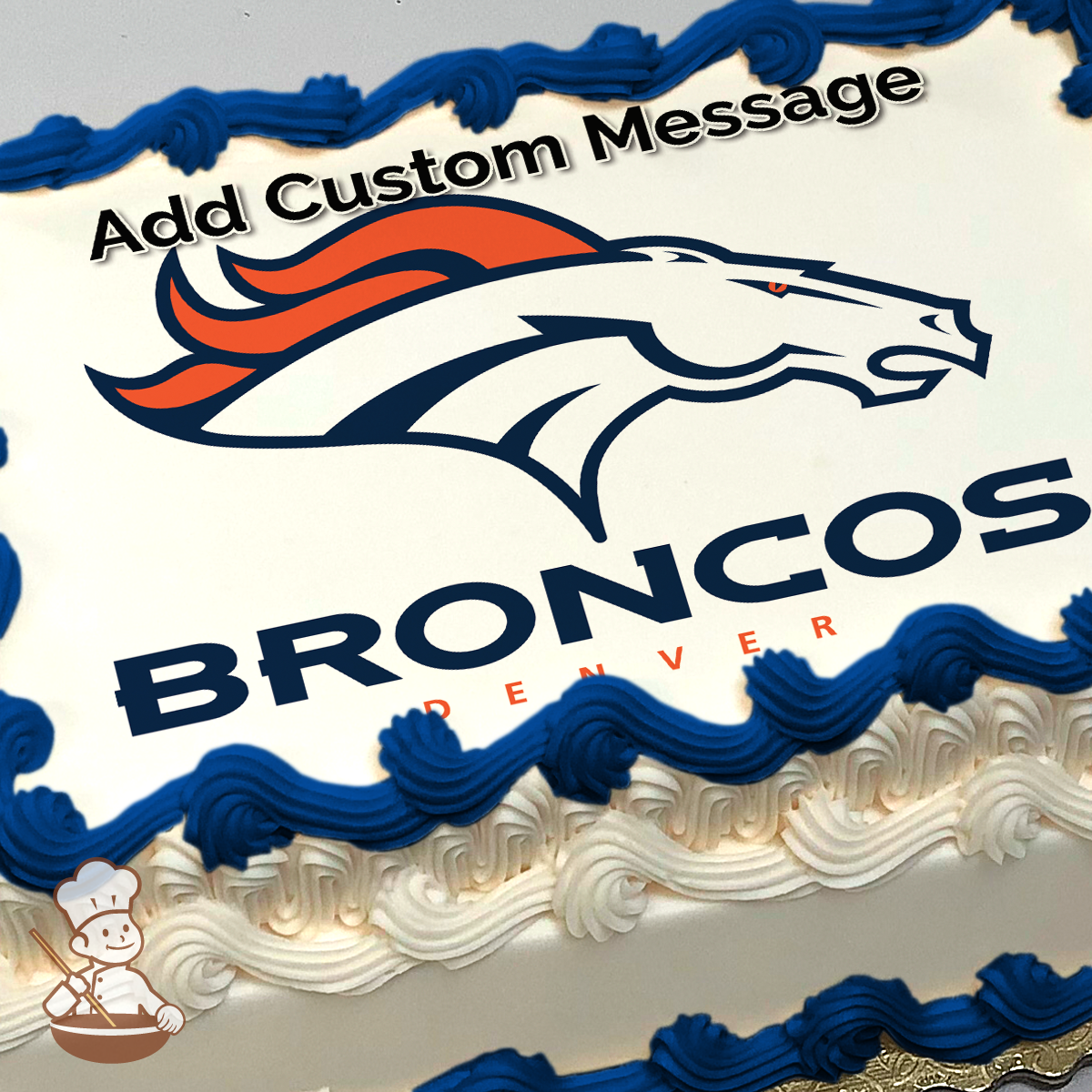 Illustration of the Denver Broncos logo with a stylized horse's head, printed on a sheet cake.