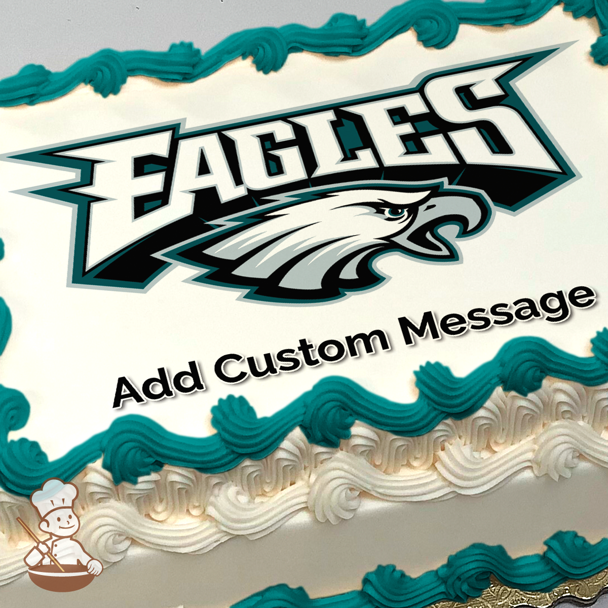 Illustration of the Philadelphia Eagles logo with an eagle head and team name, on a solid color background, printed on a sheet cake.