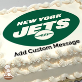 New York Jets football team logo with a green oval background and white lettering, printed on a sheet cake.