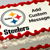 Pittsburgh Steelers logo with three colored star-like shapes, printed on a sheet cake.