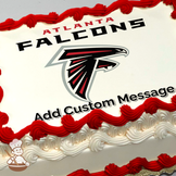 Illustration of the Atlanta Falcons logo with bold team name above, on a plain background, printed on a sheet cake.