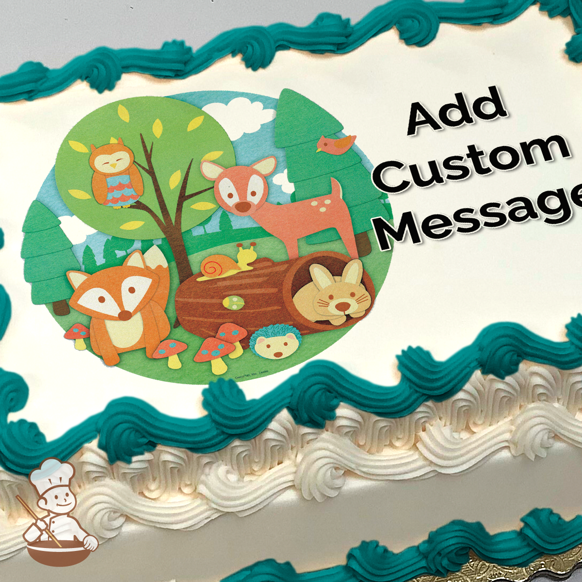 Illustration of woodland animals with a fox, deer, and rabbit in a forest setting, printed on a sheet cake.