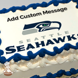 Illustration of the Seattle Seahawks logo with bold team name on a sheet cake.