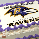 Illustration of the Baltimore Ravens logo with a stylized raven head and the team name, printed on a sheet cake.