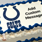 A horseshoe and the word "COLTS" in blue, representing the Indianapolis Colts football team, printed on a sheet cake.