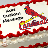 Red cardinal bird on a yellow bat above 'Cardinals' script, printed on a photo sheet cake.