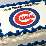 Chicago Cubs logo centered on a photo sheet cake with a plain white background.