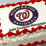 Washington Nationals logo with red and navy blue colors on a sheet cake.