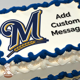 Milwaukee Brewers logo with baseball and wheat elements on a celebratory cake print.