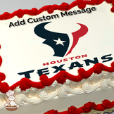 Illustration of the Houston Texans logo with bold "HOUSTON TEXANS" text, printed on a sheet cake.