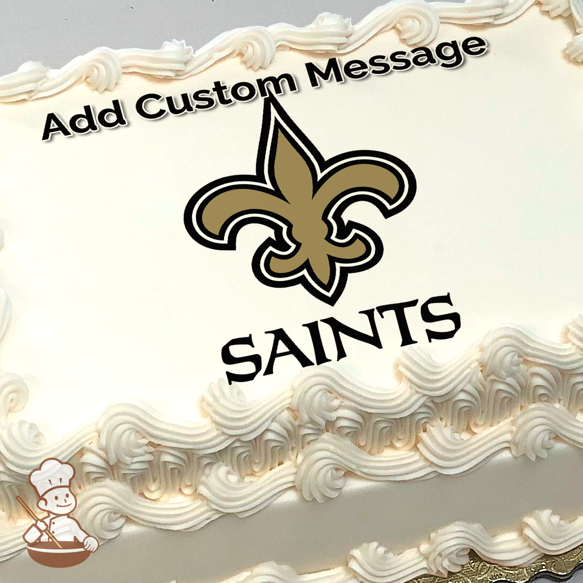 Illustration of the New Orleans Saints logo with the word "SAINTS" below it, on a solid color background, printed on a sheet cake.