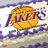 Basketball with "Los Angeles Lakers" text over it, in team colors, on a sheet cake.