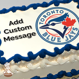 Toronto Blue Jays logo with baseball and maple leaf on a printed sheet cake.