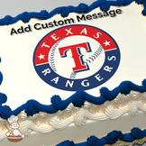 Texas Rangers logo with baseball and red and blue colors printed on a sheet cake.