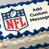 NFL shield logo with red, white, and blue colors, and a football above the letters "NFL" on a sheet cake.