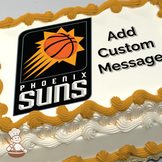 Phoenix Suns basketball team logo with a stylized orange basketball and sunburst, printed on a sheet cake.