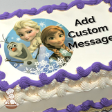 Elsa, Anna, and Olaf in a snowy backdrop on a photo sheet cake.