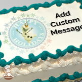 Olaf from Frozen on a festive blue background with snowflakes and "Happy Holidays" text, printed on a sheet cake.